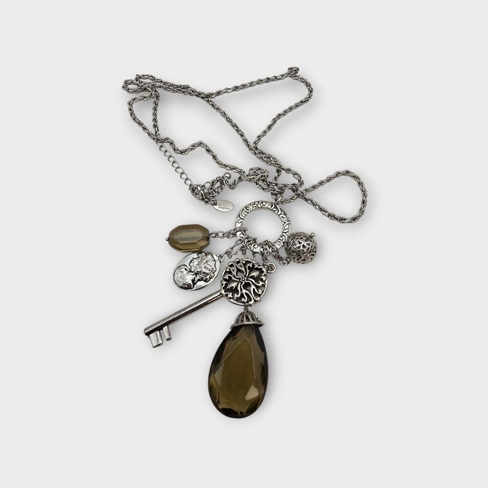 Key & Cameo Smoky Brown Glass Charm Cluster Vintage Lia Sophia Long 32 Necklace